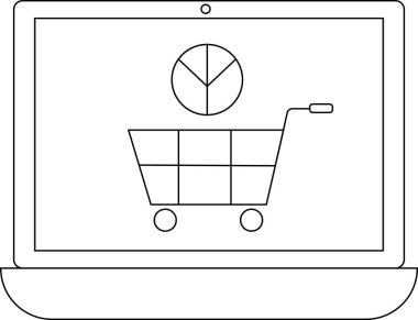 Üzerinde turta grafiği olan bir alışveriş arabası simgesini gösteren bir dizüstü bilgisayarın basit bir çizgisi çizimi, online alışveriş veya e-ticaret analizini temsil ediyor..
