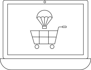Çevrimiçi alışveriş hizmetleri için hızlı ya da hızlı teslimatı sembolize eden bir alışveriş arabasını paraşütle gösteren bir laptop..