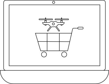Bir dizüstü bilgisayarda sergilenen, insansız hava aracının online insansız hava aracı alışverişini simgeleyen bir çizgi çizimi..