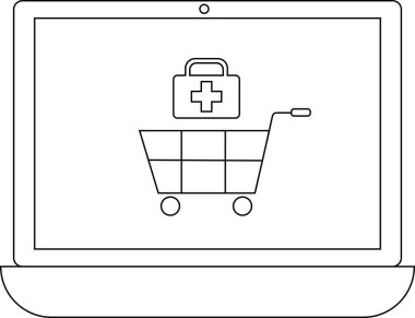 Bir dizüstü bilgisayar ekranında, online eczane ve sağlık hizmetlerini sembolize eden tıbbi malzemelerle bir alışveriş arabası görülüyor..