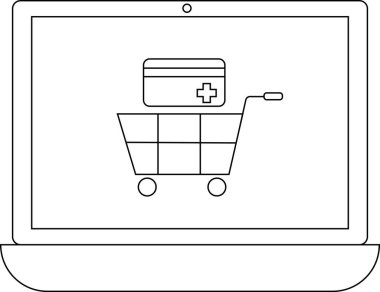 Bir dizüstü bilgisayarda eczane alışverişini ve sağlık hizmetleri teknolojisini sembolize eden bir ilaç kutusuyla bir alışveriş arabası görülüyor..