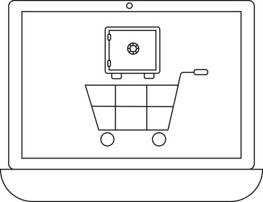 Güvenli, çevrimiçi güvenliği sembolize eden ve güvenli online alışveriş yapan bir alışveriş arabasını gösteren bir dizüstü bilgisayar çizimi.