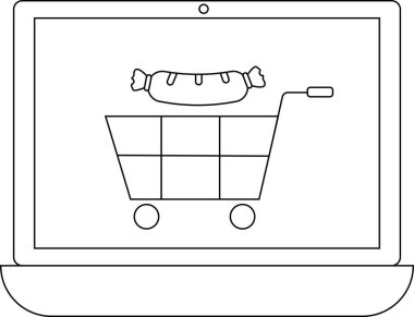 Bir dizüstü bilgisayar ekranında içinde sosis olan bir alışveriş arabası simgesi gösterilir, çevrimiçi gıda alışverişini veya dağıtım hizmetlerini temsil eder.