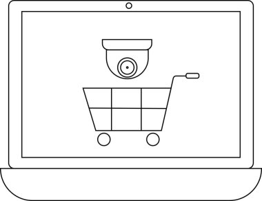 Alışveriş arabasının üstünde güvenlik kamerası olan bir dizüstü bilgisayar. Çevrimiçi güvenlik ve alışverişi sembolize ediyor..