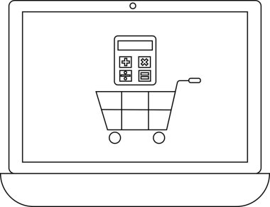 Bir dizüstü bilgisayardaki hesap makinesi ve alışveriş arabasının basit bir çizgisi çizimi, online alışveriş ve finansal hesaplamaları temsil ediyor..