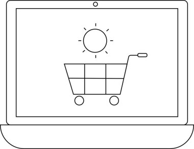 Bir dizüstü bilgisayar ekranında e-ticareti ve dijital perakendeciyi temsil eden bir güneş ikonu ile çevrimiçi alışveriş arabası görüntüleniyor.