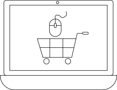 Bir bilgisayar faresinin online alışveriş ve e-ticareti temsil eden bir alışveriş arabasının üzerinde gezindiği basit bir dizüstü bilgisayar çizimi.