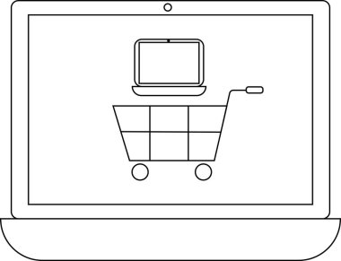 Bir alışveriş arabası simgesini gösteren, online alışveriş ve e-ticareti temsil eden basit bir dizüstü bilgisayar çizimi.