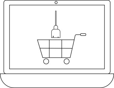 Çevrimiçi alışveriş tasviri, dizüstü bilgisayarında ürünü olan bir alışveriş arabası, e-ticareti ve dijital perakendeciyi sembolize eden bir çizgi çizimi..