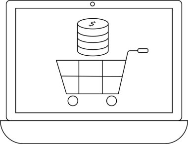Bir dizüstü bilgisayar, online alışveriş ve e-ticaret işlemlerini sembolize eden bir yığın parayla bir alışveriş arabasını görüntüler..
