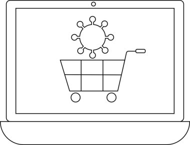 Salgın sırasında online alışveriş, dizüstü bilgisayar ekranında alışveriş arabasının üzerinde bir virüs sembolü bulunması, tüketici davranışlarındaki değişiklikleri temsil ediyor.