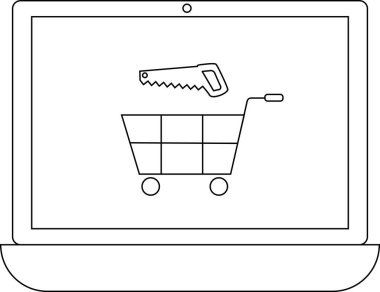 Bir dizüstü bilgisayarda içinde testere bulunan bir alışveriş arabası, inşaat ve DIY projeleri için çevrimiçi araç alışverişini ve e-ticareti simgeliyor.