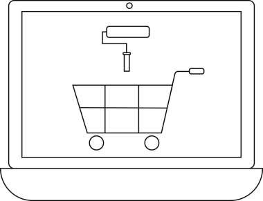 Bir dizüstü bilgisayarda boya silindirli bir alışveriş arabası var. Resim malzemeleri için online alışverişi sembolize ediyor..