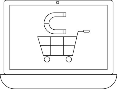 Üstünde mıknatıs olan bir alışveriş arabasını gösteren dizüstü bilgisayar ekranı müşterileri online alışveriş platformuna çekmeyi ve e-ticaret satışlarını artırmayı sembolize ediyor..