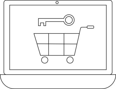 Üzerinde anahtar olan bir alışveriş arabası simgesini gösteren bir dizüstü bilgisayar, güvenli online alışveriş ve veri korumasını sembolize ediyor.
