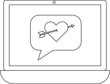 Dizüstü bilgisayar ekranında okla delinmiş bir kalp içeren bir konuşma balonu gösteriliyor. Sevgiyi, bağlantıyı ya da sevgi mesajını simgeliyor..