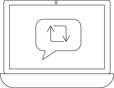 Bir dizüstü bilgisayar veri eşzamanlama simgesi ile bir konuşma baloncuğu görüntüler, veri transferini, yedeğini veya güncellemeyi simgeler.