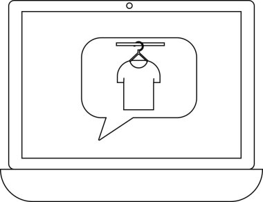 Bir dizüstü bilgisayar askıda asılı tişört içeren bir konuşma balonu gösteriyor, online kıyafet alışverişini sembolize ediyor.