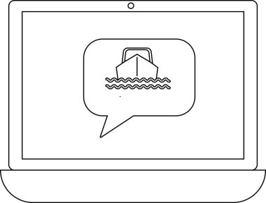Bir dizüstü bilgisayar, dalgalı çizgilerin üzerinde bir tekne simgesini içeren bir konuşma baloncuğu görüntüler, deniz iletişimi veya bilgi.