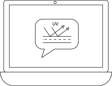 Bir dizüstü bilgisayar, ultraviyole ışığın yüzeylerle etkileşimi kavramını vurgulayan, ultraviyole yansıma diyagramını içeren bir konuşma kabarcığı görüntüler..