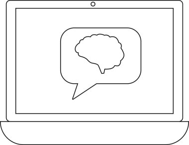 Bir dizüstü bilgisayar konuşma balonu içinde bir beyin ikonu gösterir, yapay zekayı, makine öğrenmesini ve teknolojinin bilgiyi işleme gücünü sembolize eder..