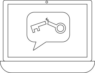 Konuşma balonu içinde bozuk bir anahtar gösteren bir dizüstü bilgisayar. Güvenlik sorunlarını, veri ihlallerini veya erişim sorunlarını sembolize ediyor. Çizgi sanatı.
