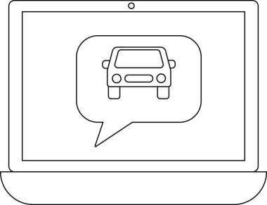 Bir dizüstü bilgisayar, online araç iletişimini, otomotiv teknolojisini veya dijital ulaşım hizmetlerini sembolize eden bir konuşma balonu içinde bir araba simgesi gösterir..