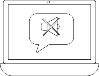Konuşma baloncuğu içinde sessiz simgeyi gösteren bir dizüstü bilgisayarın minimalist çizgisi çizimi, sesin pasifleştirildiğini gösterir.