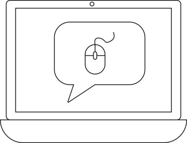 Bir dizüstü bilgisayar, bir fare simgesi içeren, teknolojiyi, iletişimi ve kullanıcı arayüzü kavramlarını simgeleyen bir konuşma baloncuğunu minimalist bir dizaynda gösterir..