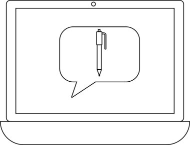 Bir dizüstü bilgisayar bir kalem simgesini içeren bir konuşma baloncuğunu görüntüler, bir aygıtta yazıyı, yaratıcılığı veya dijital not almayı sembolize eder.