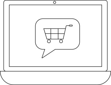 Konuşma balonunda bir alışveriş arabası simgesini gösteren, online alışveriş ve e-ticaret faaliyetlerini sembolize eden bir dizüstü bilgisayar..