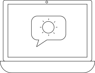 Konuşma balonu içinde bir güneş simgesini gösteren bir dizüstü bilgisayar, hava durumu, parlaklık veya dijital bağlamda pozitif iletişim gibi kavramları temsil ediyor..