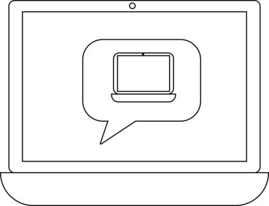 İçinde bir dizüstü bilgisayar ikonu olan konuşma balonunu gösteren bir dizüstü bilgisayar, iletişimi, teknolojiyi ve çevrimiçi etkileşimi simgeliyor. Basit çizgi sanat tasarımı.