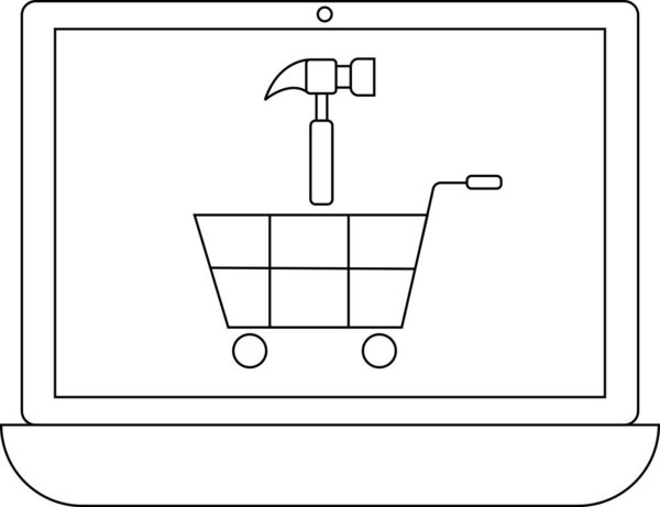 A laptop displays a shopping cart containing a hammer, symbolizing online shopping for DIY tools and home improvement supplies.