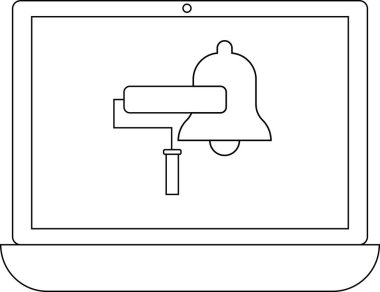 Bir dizüstü bilgisayar bir boya silindiri tarafından kısmen boyanmış bir çan simgesini görüntüler, basit bir satır sanatı tarzında sunulan bildirimler veya güncellemeler önerir.