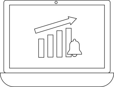 Bir dizüstü bilgisayar ekranında yukarı bakan bir ok ile bir çubuk grafiği, bir uyarı çanı simgesi eşliğinde büyümeyi gösterir.