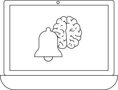 Bir dizüstü bilgisayar ekranı bir beyin ve uyarı zilini gösterir, dijital bağlamda zihinsel uyarıları veya hatırlatıcıları simgeler..