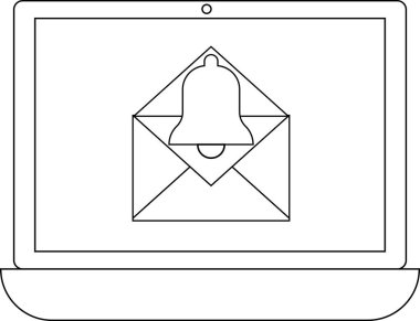 Bir dizüstü bilgisayar ekranında çan simgesi içeren bir e-posta bildirimi gösterilir, bir uyarı veya anımsatıcı gösterilir. Tasarım basit ve temiz..