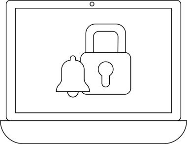 Güvenlik uyarısını asma kilit ve çan simgesiyle gösteren bir dizüstü bilgisayar, güvenlik uyarısı veya güncellemesini gösterir.