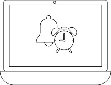 Bir çan ve saat simgesini gösteren, anımsatıcıları, uyarıları ve zaman yönetimini dijital bağlamda sembolize eden bir dizüstü bilgisayar.