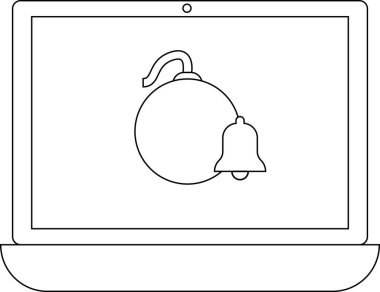 Bomba ve çan simgesini gösteren bir dizüstü bilgisayar, güvenlik uyarısını ya da uyarıyı simgeliyor. Potansiyel tehditleri veya acil uyarıları temsil eder.