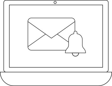 Bir e-posta bildirim simgesini gösteren bir dizüstü bilgisayarın minimalist çizgisi çizimi, bir zarf ve bir çan sembolü.