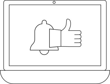 Uyarı ve olumlu geri bildirim simgesi ile birleştirilmiş bir uyarı çanı simgesini gösteren basit bir dizüstü bilgisayar çizgisi çizimi.