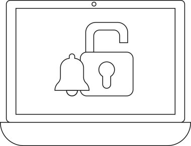 Kilidi açık bir asma kilit ve uyarı çanı simgesini gösteren bir dizüstü bilgisayar, güvenliği ve uyarıları simgeler.