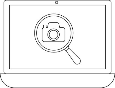 Bir dizüstü bilgisayar ekranı, dijital bir cihazda resim araması veya fotoğrafla ilgili bir teknoloji öneren bir kamera simgesinin büyütüldüğünü gösterir.