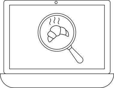 Dizüstü bilgisayar ekranında büyüteç altında kruvasan var. Yemek aramasını ya da çevrimiçi fırın taramasını sembolize ediyor. Basit siyah beyaz çizgi sanatı temiz ve modern..