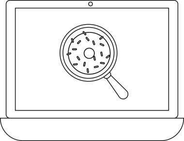 Bir dizüstü bilgisayar ekranında büyüteç altında incelenen bir çörek görülüyor. Besin içeriğinin aranması ya da analiz edilmesi öneriliyor..