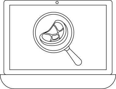 Dizüstü bilgisayar ekranında büyüteç altında basit ve temiz bir şekilde tasvir edilmiş bir biftek görülüyor. Görüntü yemek analizi ya da online aşçılık araştırması öneriyor..