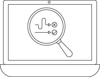Bir dizüstü bilgisayar ekranı karar diyagramına odaklanan bir büyüteç gösteriyor, analizi sembolize ediyor ve teknolojide problem çözmeyi..