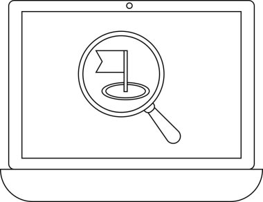 Bir dizüstü bilgisayar ekranı bir bayrak simgesine odaklanmış, arama, keşif veya dijital bağlamda hedeflere ulaşmayı sembolize eden bir büyüteç gösterir..